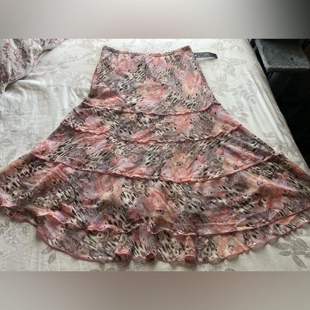 NWT Y2K Pink Floral Leopard Chiffon Tiered Midi Skirt Medium Fairycore Coquette